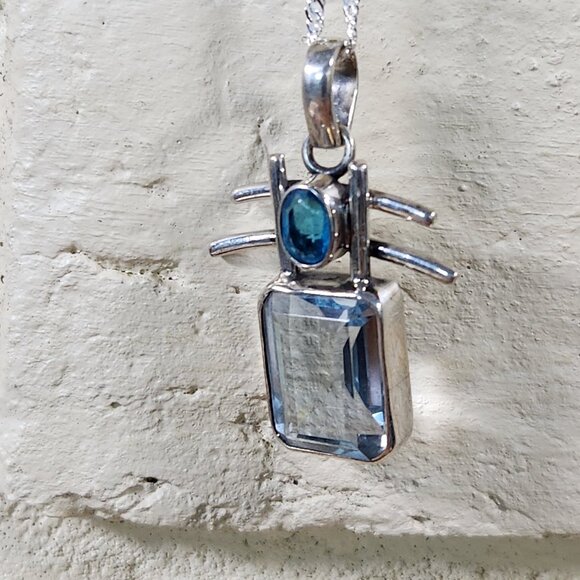 New Womens Aqua & Topaz 925 Sterling Silver Necklace